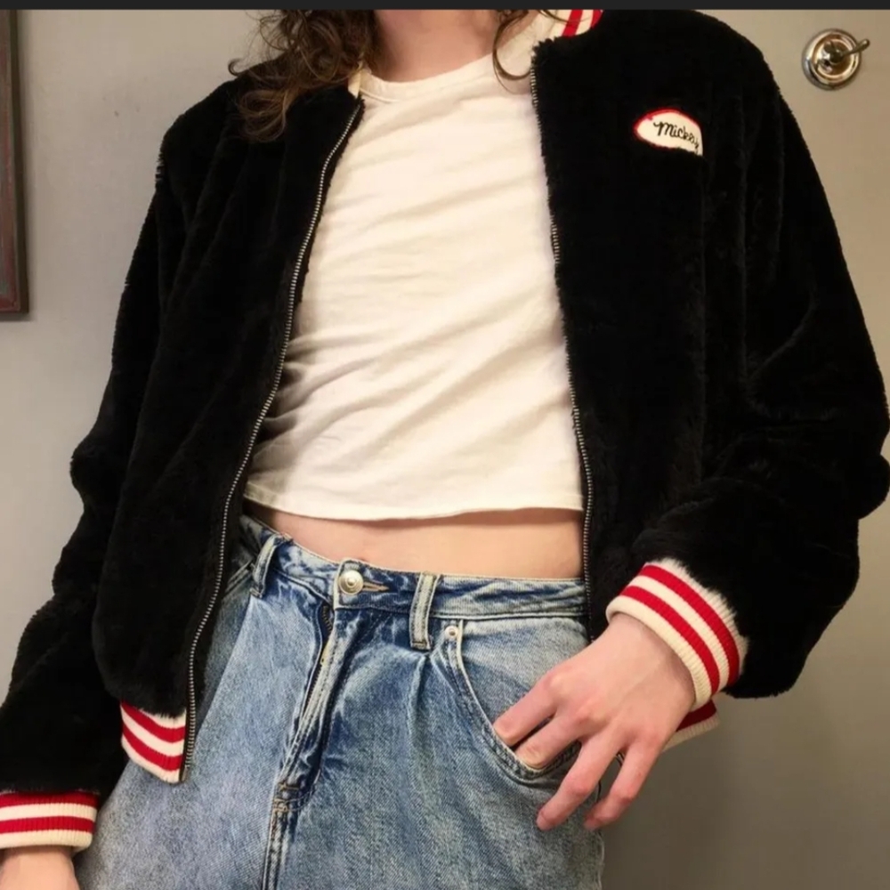 Forever 21 black faux fur Mickey varsity jacket Medium